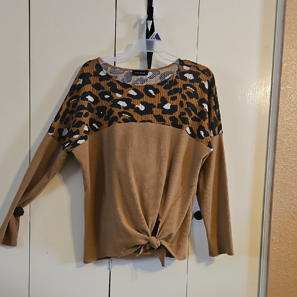 Black and Tan Tie Front Relaxed Blouse